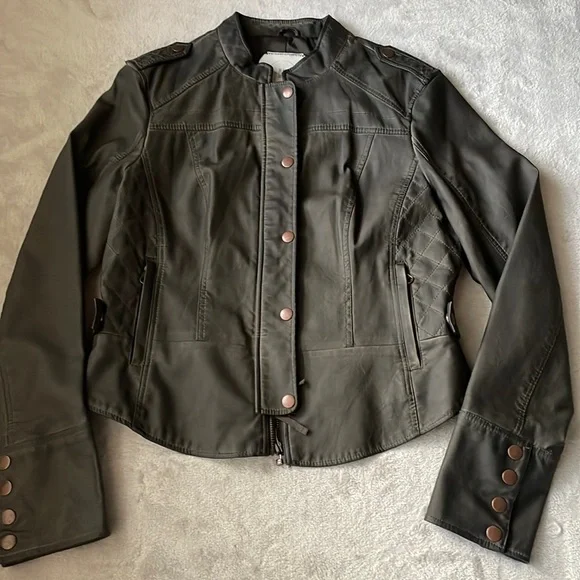 Anthropologie vegan leather, quilted dark olive jacket - Picture 1 of 10